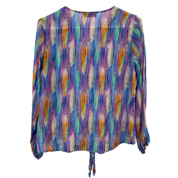 APNY Blouse Size Medium Tie Front Long Sleeve Multicolor Artistic Shades Print - Picture 4 of 9